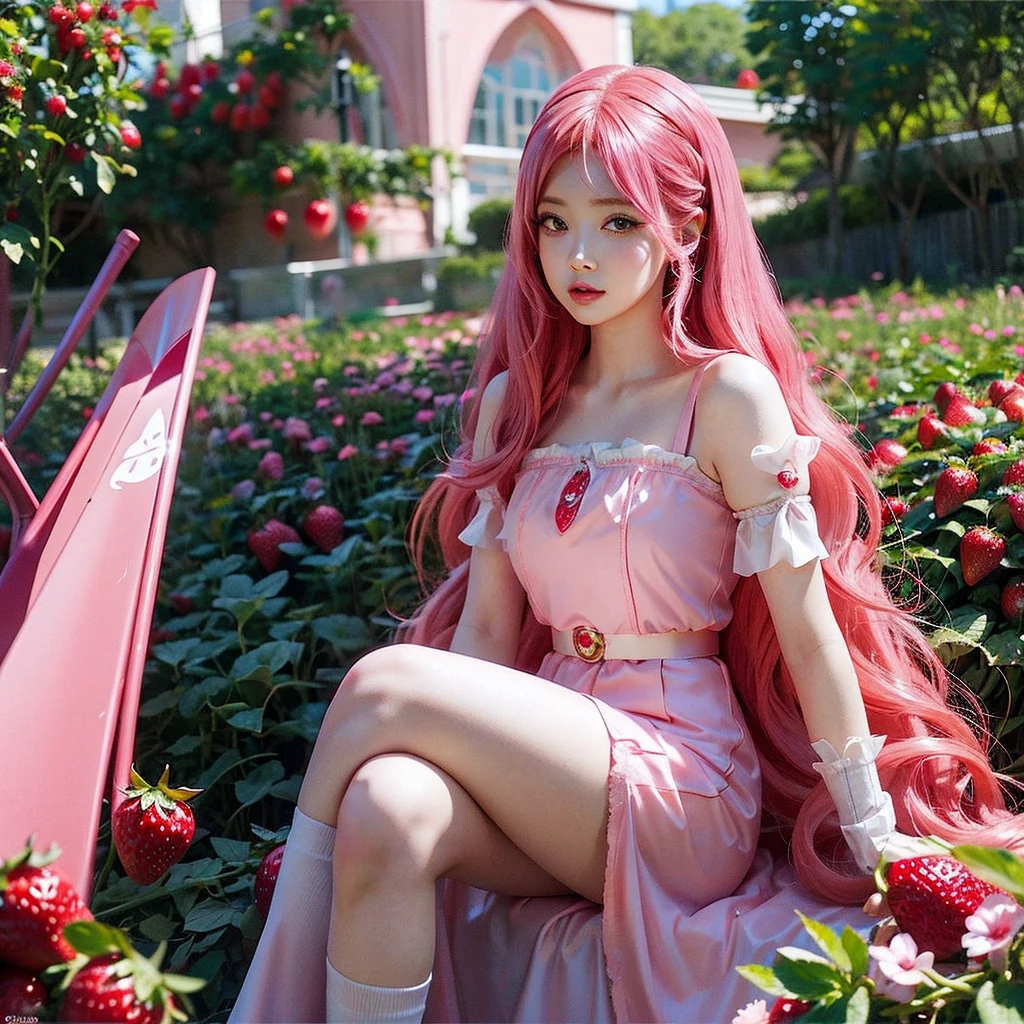 
araffe girl with pink hair sitting in a field of strawberries, belle delphine, red wig, anime girl cosplay, anime barbie doll, anime girl in real life, fairycore, beautiful anime style, curly pink hair, long flowing pink hair, pink and red color style, kawaii hair style, anime cosplay, beautiful pink little alien girl, with curly red hair