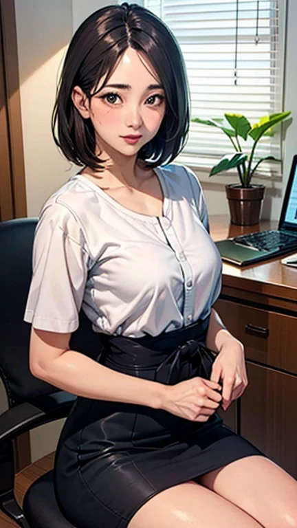 1 Woman, Japanese Woman,(Housewife:1.5),(40 Years Old:1.68),(Attractive Mature Woman:1.66),(Middle Age:1.78),(Small Round Face:1,69),(small breasts:1.5),((graduated haircut)),Casual, simple blouse,V-neckline,knee-length skirt, blouse in bright colors,pastel shades,((Designer office, desk, computer, files, chair, plants, blinds, indirect lighting)),