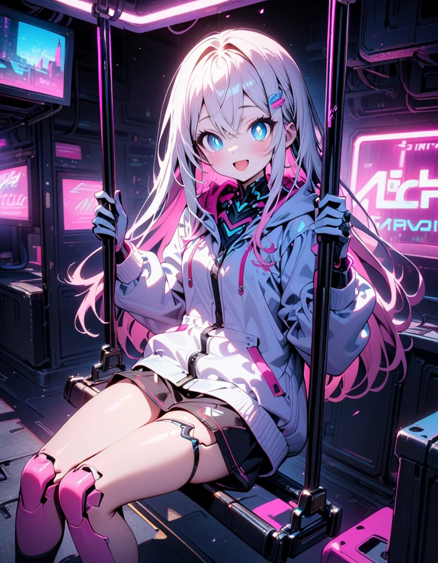 (8K, best quality, master piece: 1.2),super high resolution,(1 robogirl),solo,16yo,ultra-detailed face,detailed eyes,bright pupils,gradient hair(white hair, light pink hair) ,Straight hair,long hair,smile,open mouth,sitting on a swing blowing,ダッチアングル,neon lights,High-Tech Parks