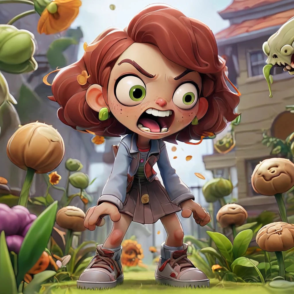 cute, fun, absurd, parody, Plants vs Zombies, Idols cute zombies advance through a garden with lines of plants ready to attack, cute plants, cartoon faces, explosions, anime style, cinematic, masterpiece, cinematic angle, score 9,