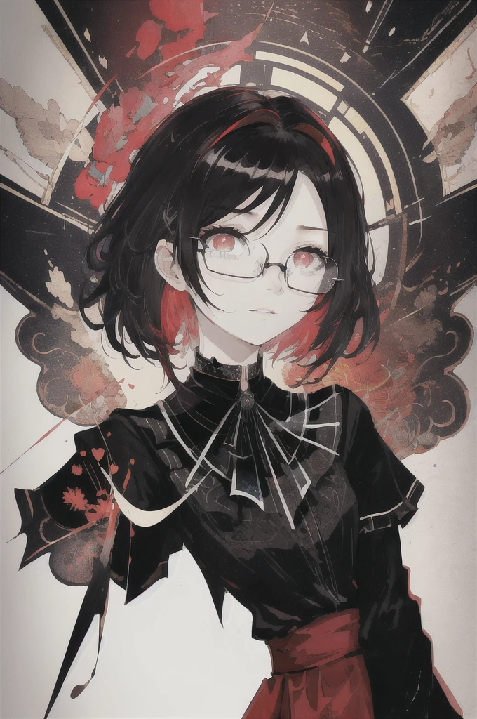 ((Highest quality)), (((masterpiece))), (High resolution), original,Glasses、Glasses、rain、rain、 Highly detailed 8k wallpaper, (Very delicate and beautiful),((Highest quality)),Limited edition palette, style style style Black choker around the neck、Black T-shirt、style gird, (style:(style:1.5)(style:1.5)1.5), Limited edition palette,[flat_stylechest, black style eyes, long style red hair, Black choker around the neck、Black choker around the neck、Black T-shirt、style eyes,浮かぶBlack T-shirt), feather over style]style, (Double exposure:1.3),(Glitch Hair+++),(Glitch meets dark hair),[Very delicate and beautiful girl who with scarf,feather],(Beautiful and detailed red eyes),world masterpiece theater,whole body,cyber punk, 