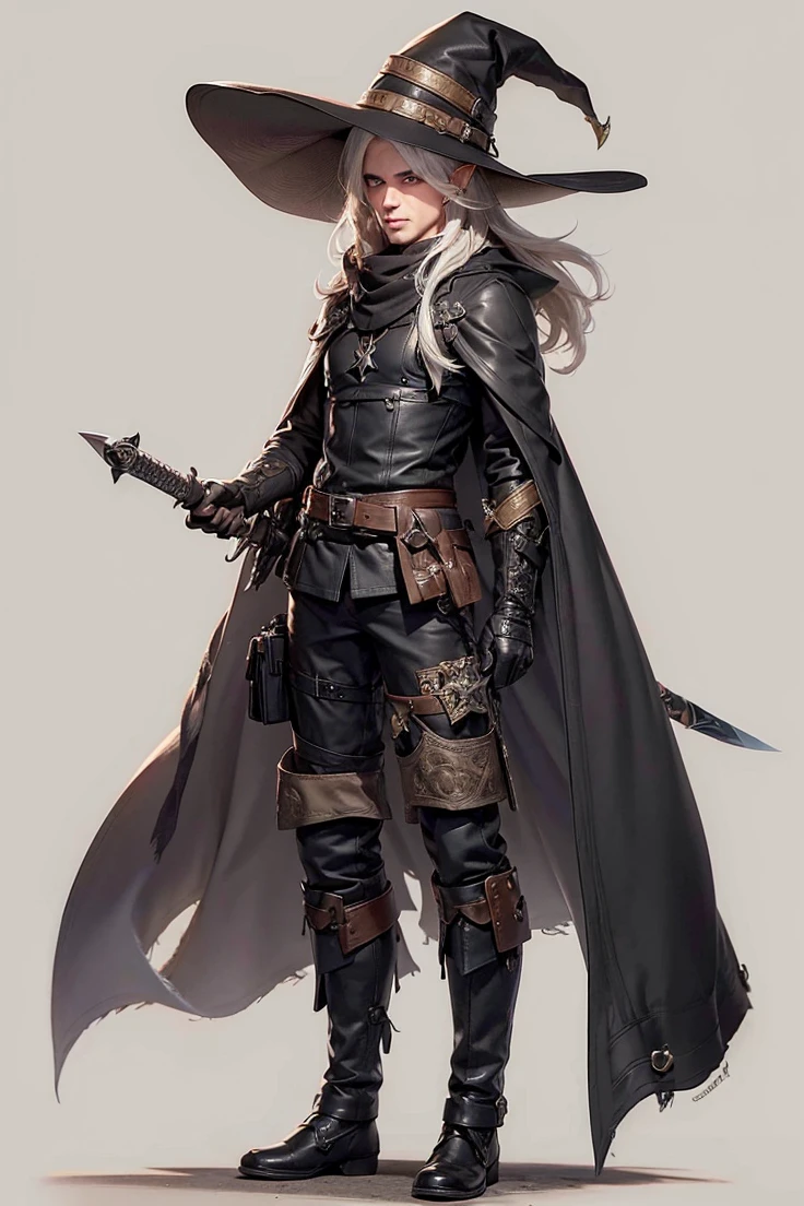 (male character), (extra long, flowing, with hair), (heterochromia), (left eye: blue), (right eye: brown), (black leather coat), (black shirt), (archery gloves), (black trousers), (black scarf), (illustration), (ultra-detailed), (realistic), (highres), (portrait), (mysterious lighting), (vivid colors) (mage) (fighter) (30 years old) (mature male) (cold light),(elf),(elfo),(1boy),(espada),(sword),(espada na bainha)