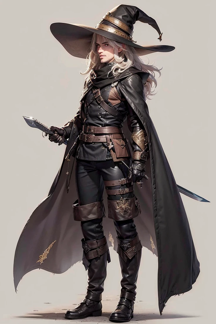 (male character), (extra long, flowing, with hair), (heterochromia), (left eye: blue), (right eye: brown), (black leather coat), (black shirt), (archery gloves), (black trousers), (black scarf), (illustration), (ultra-detailed), (realistic), (highres), (portrait), (mysterious lighting), (vivid colors) (mage) (fighter) (30 years old) (mature male) (cold light),(elf),(elfo),(1boy),(espada),(sword),(espada na bainha)