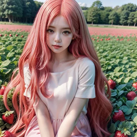 
araffe girl with pink hair sitting in a field of strawberries, belle delphine, red wig, anime girl cosplay, anime barbie doll, ...