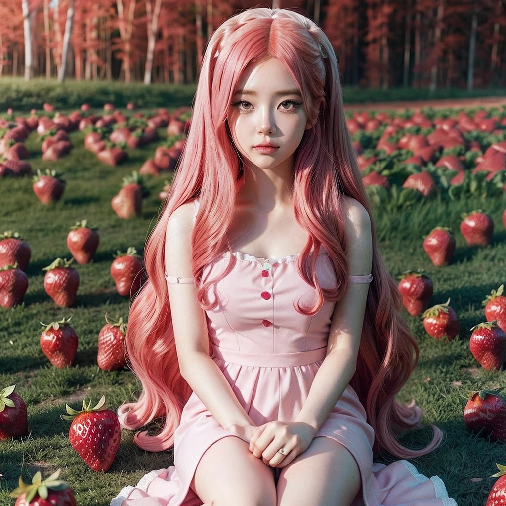 
araffe girl with pink hair sitting in a field of strawberries, belle delphine, red wig, anime girl cosplay, anime barbie doll, anime girl in real life, fairycore, beautiful anime style, curly pink hair, long flowing pink hair, pink and red color style, kawaii hair style, anime cosplay, beautiful pink little alien girl, with curly red hair