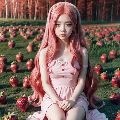 
araffe girl with pink hair sitting in a field of strawberries, belle delphine, red wig, anime girl cosplay, anime barbie doll, ...