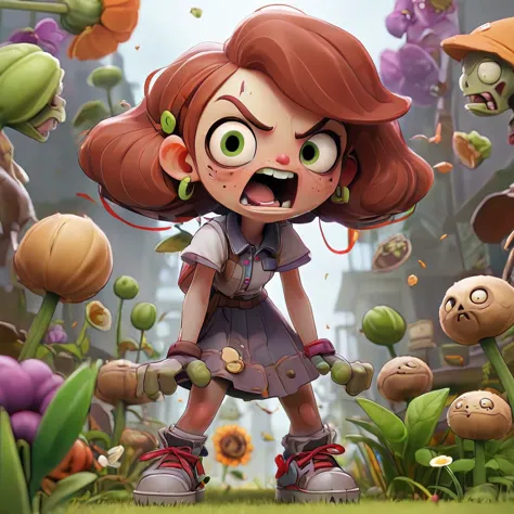 cute, fun, absurd, parody, Plants vs Zombies, cute zombie idol girls advance through a garden with lines of plants ready to atta...