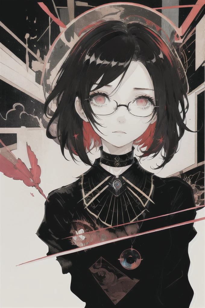 ((Highest quality)), (((masterpiece))), (High resolution), original,Glasses、Glasses、rain、rain、 Highly detailed 8k wallpaper, (Very delicate and beautiful),((Highest quality)),Limited edition palette, style style style Black choker around the neck、Black T-shirt、style gird, (style:(style:1.5)(style:1.5)1.5), Limited edition palette,[flat_stylechest, black style eyes, long style red hair, Black choker around the neck、Black choker around the neck、Black T-shirt、style eyes,浮かぶBlack T-shirt), feather over style]style, (Double exposure:1.3),(Glitch Hair+++),(Glitch meets dark hair),[Very delicate and beautiful girl who with scarf,feather],(Beautiful and detailed red eyes),world masterpiece theater,whole body,cyber punk,、Yellow backgroundﾍﾞｰｽIn color