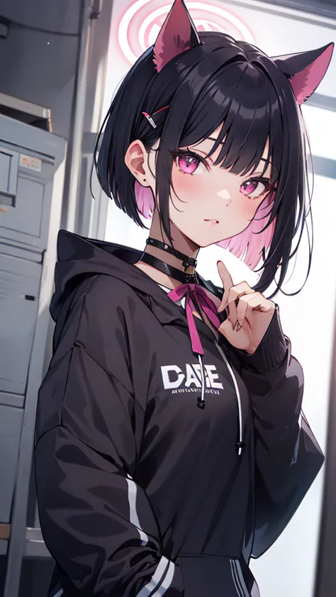 kazusa_bluearchive,1girl,solo,black hair,short hair,blunt bangs,pink eye,(cat ears),black hoodie,neck ribbon,slender,small breas...