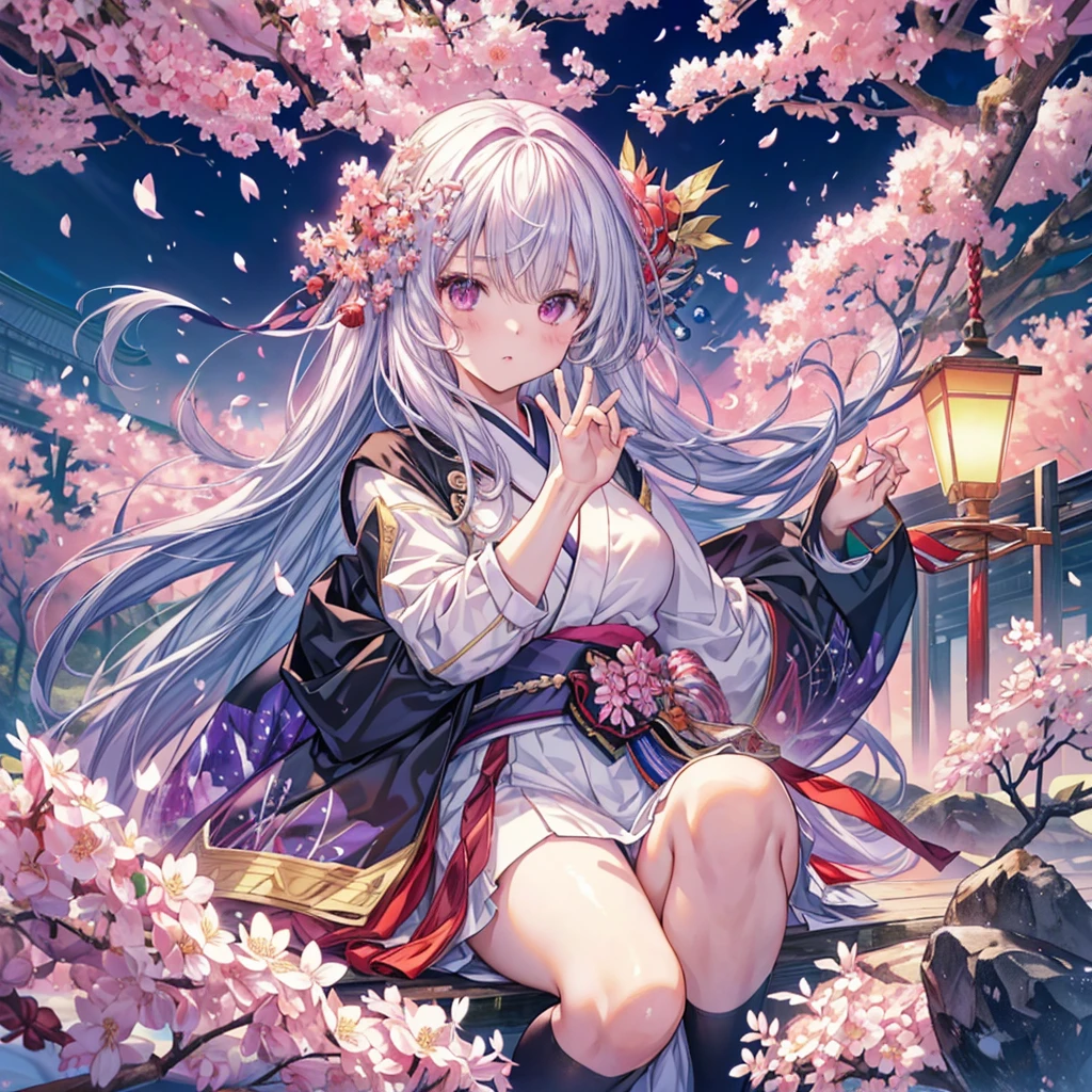 1girl,(((Highest quality、Official Art、The best composition、Masterpiece、Award-winning works)))、Serious expression、The moment the Japanese sword is swung down、ダイナミックなThe best composition、Super huge、detailed、whole body、Fractal art of cherry blossoms falling、hologram、An aura surrounds the person、hideo minaba,