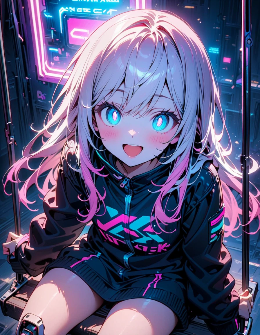 (8K, best quality, master piece: 1.2),super high resolution,(1 robogirl),solo,16yo,ultra-detailed face,detailed eyes,bright pupils,gradient hair(white hair, light pink hair) ,Straight hair,long hair,smile,open mouth,sitting on a swing blowing,ダッチアングル,neon lights,High-Tech Parks