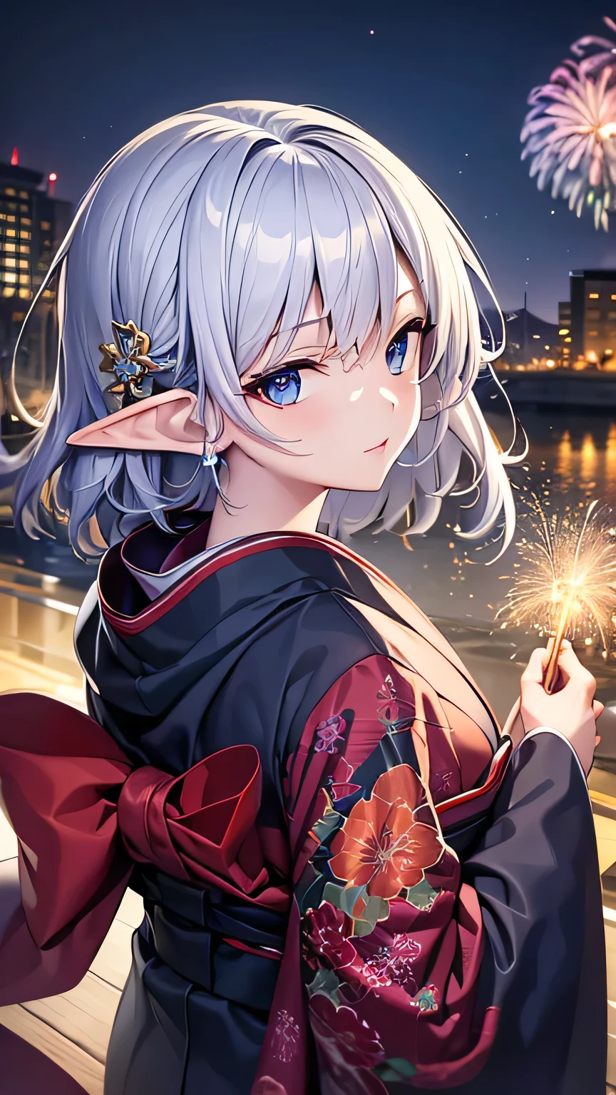 ((best quality)), ((masterpiece)), (detailed face and eyes), detailed hands and fingers, perfect face, accurate, textured skin, high details, silver hair, elf, multicolored eyes, pointy ears, kimono, wearing japanese traditional cloth, kanzashi, Night view, fireworks in the background, from back