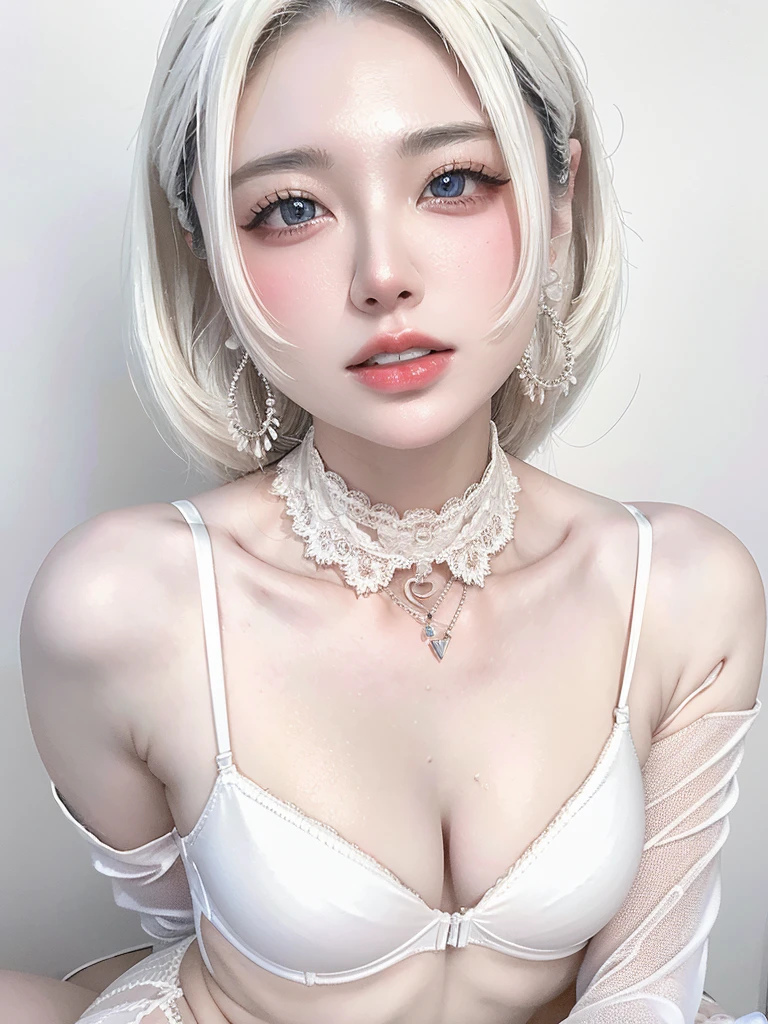 White Background、Professional Lighting、(((Professional Lighting 1.5)))、Translucent skin texture、Beautiful Skin、Beautiful Skin、、(((Whitening 1.5)))、White bra、See-through、、音符のEcstasy、((White bra1.5))、See-through1.5、Bust up photo、Simple earrings and necklace、white hair、Tie your hair up、sex appeal、Sex Appeal、Ecstasy、Sitting on a white sofa、