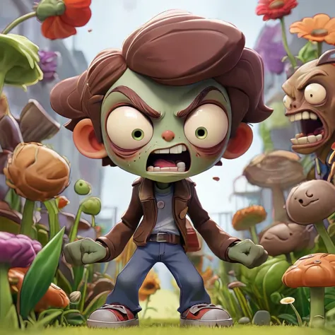 cute, fun, absurd, parody, Plants vs Zombies, cute zombies advance through a garden with lines of plants ready to attack, cute p...