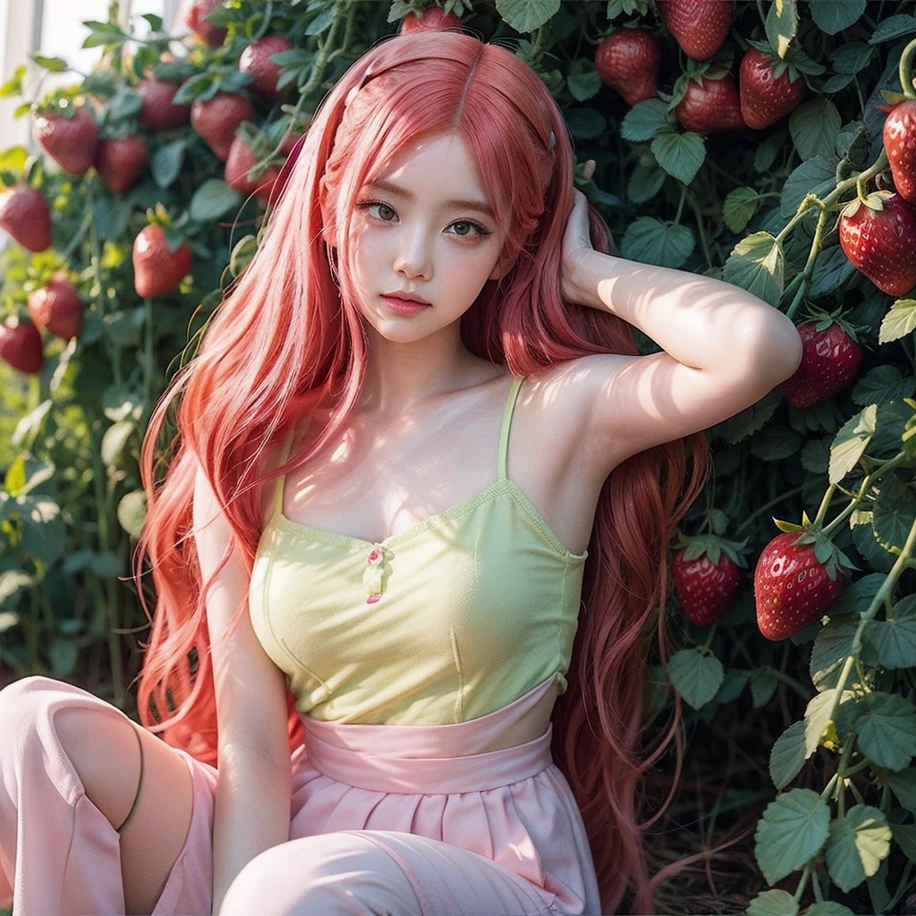 
araffe girl with pink hair sitting in a field of strawberries, belle delphine, red wig, anime girl cosplay, anime barbie doll, anime girl in real life, fairycore, beautiful anime style, curly pink hair, long flowing pink hair, pink and red color style, kawaii hair style, anime cosplay, beautiful pink little alien girl, with curly red hair Green eyes wearing a cute hair bow