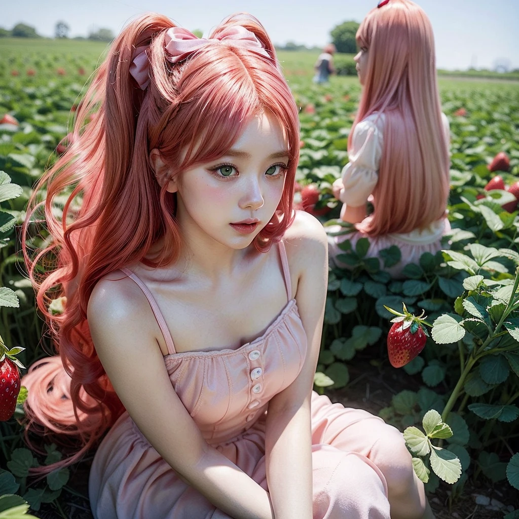 
araffe girl with pink hair sitting in a field of strawberries, belle delphine, red wig, anime girl cosplay, anime barbie doll, anime girl in real life, fairycore, beautiful anime style, curly pink hair, long flowing pink hair, pink and red color style, kawaii hair style, anime cosplay, beautiful pink little alien girl, with curly red hair Green eyes wearing a cute hair bow