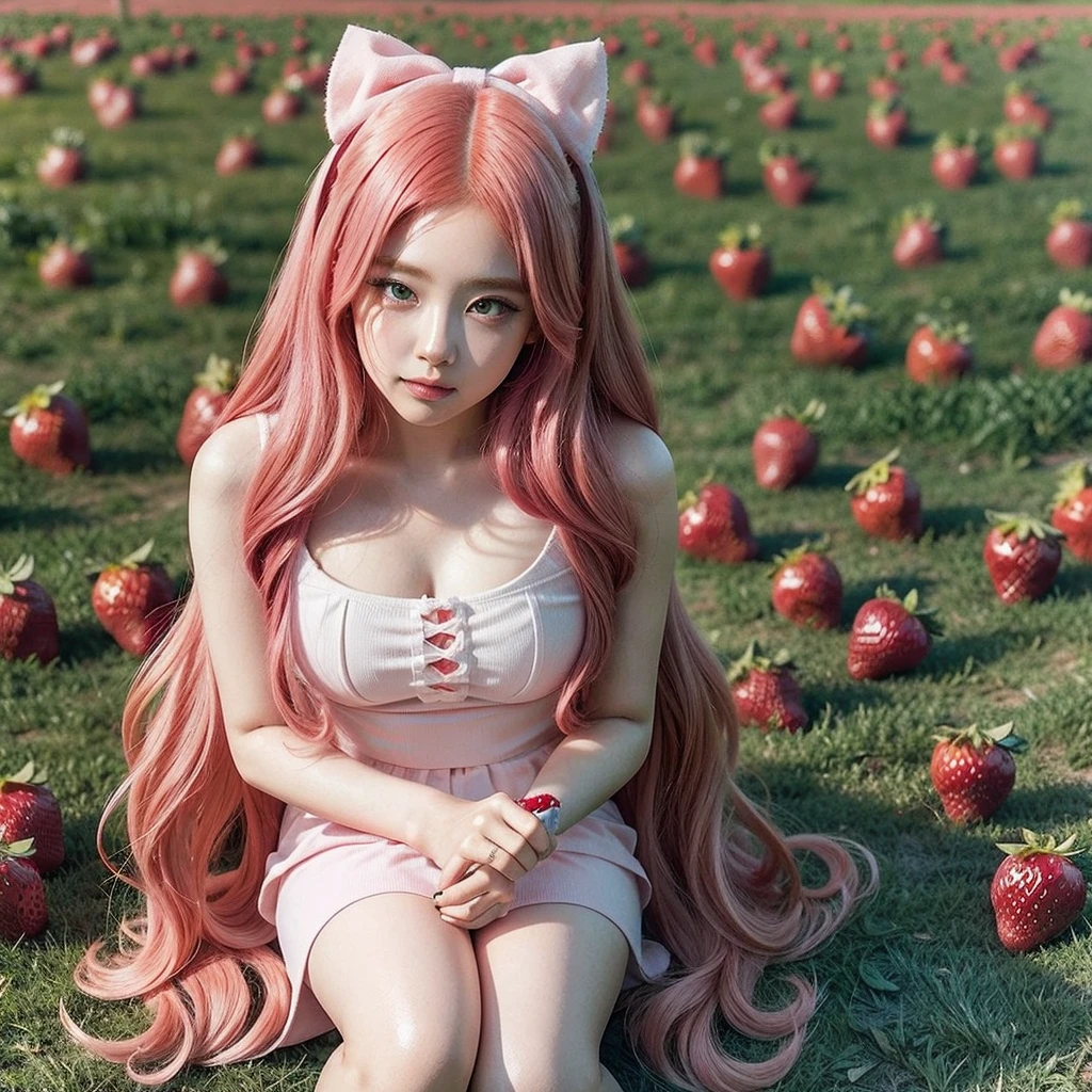 
araffe girl with pink hair sitting in a field of strawberries, belle delphine, red wig, anime girl cosplay, anime barbie doll, anime girl in real life, fairycore, beautiful anime style, curly pink hair, long flowing pink hair, pink and red color style, kawaii hair style, anime cosplay, beautiful pink little alien girl, with curly red hair Green eyes wearing a cute hair bow