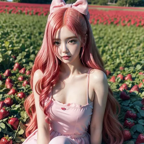 
araffe girl with pink hair sitting in a field of strawberries, belle delphine, red wig, anime girl cosplay, anime barbie doll, ...