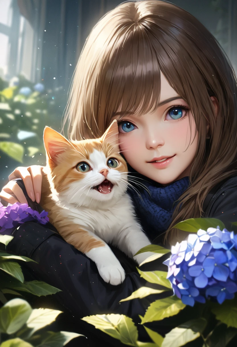 Hydrangea Park, Cute kitten,Blur the background,Glitter effect,Highest quality, 4K, 8K, High resolution, masterpiece:1.2, Very detailed, Realistic:1.37, High resolution, 超High resolution, Ultra-fine painting, Sharp focus, Physically Based Rendering, Very detailedな説明, Professional, Vibrant colors