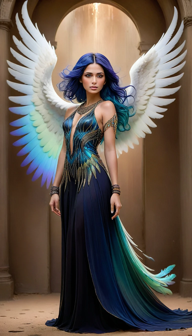 In this exquisite and enigmatic digital painting, a majestic angel stands with poise and confidence, her vibrant wings spread wide like an ethereal display. Her wings shimmer with iridescent hues of blue, green, and purple, each feather meticulously detailed and glowing with a mystical light. She wears a flowing black dress adorned with layered necklaces and wristbands, adding a touch of bohemian elegance to her appearance. Her deep blue hair cascades down her shoulders, framing her serene and powerful expression.

The timeless, sepia-toned space around her enhances the dreamlike quality of the scene, with subtle textures on the wall behind her. A faint, ghostly image of another angel is etched above her, adding depth and mystery to the composition. The fine sand beneath her feet grounds the ethereal scene