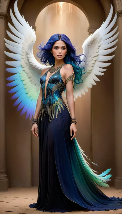 In this exquisite and enigmatic digital painting, a majestic angel stands with poise and confidence, her vibrant wings spread wi...