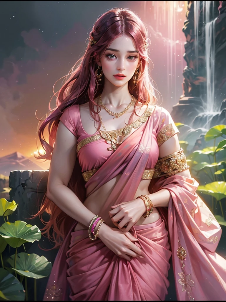 (absurderes, A high resolution, Ultra detailed, hdr), Masterpiece, Best quality, Portrait of an Indian uzumaki_kushina, extreme realistic very beautiful, animated style, closeup shot, anime in a(((pink))) indian dress (((saree))), long black wavy hair untied, head jewellery, necklace, earings, armlets, bangles and bracelets, rings, pleasant expression, bright big black eyes, holding a lotus flower, natural beauty, vibrant colors, dreamy, northern light, pink bubble, romantic, soft lighting, vintage aesthetic