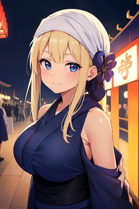 1giil, ((wrap a white towel around your head)), blonde, blue eyes,((black yukata)),((big breasts:1.2)), smile, blushing,((summer...