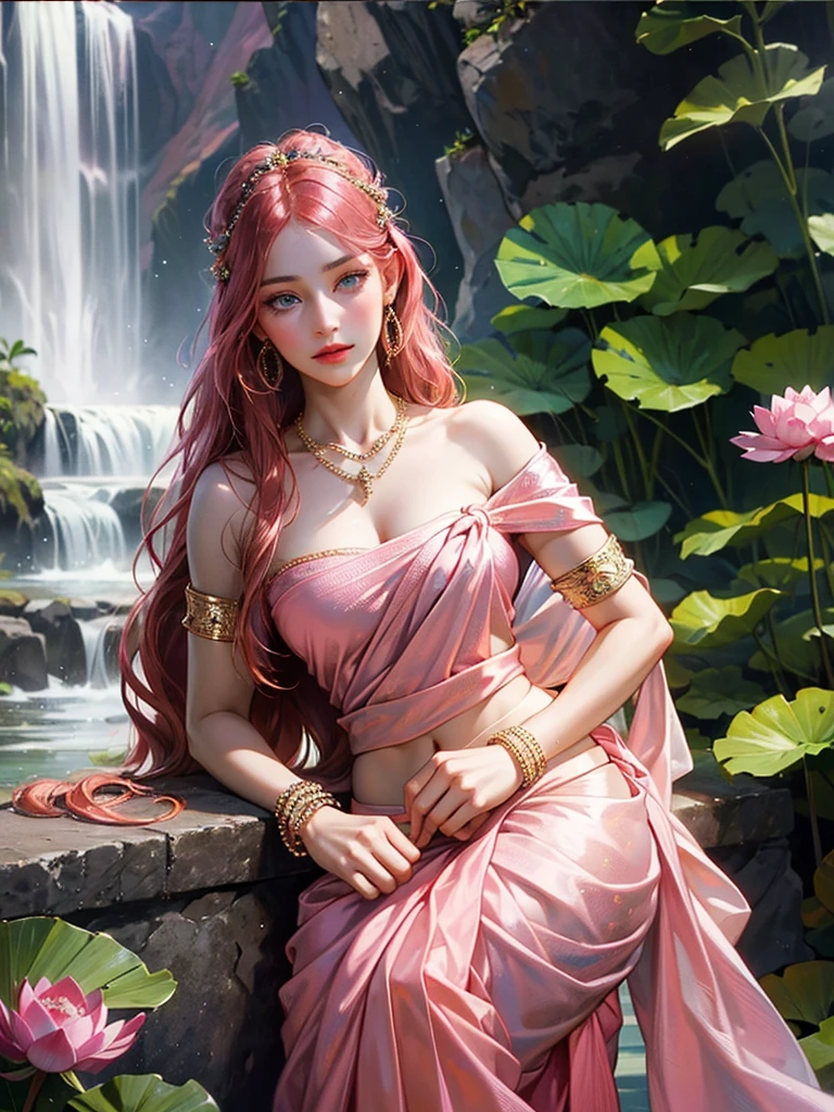 (absurderes, A high resolution, Ultra detailed, hdr), Masterpiece, Best quality, Portrait of an Indian uzumaki_kushina, extreme realistic very beautiful, animated style, closeup shot, anime in a(((pink))) indian dress (((saree))), long black wavy hair untied, head jewellery, necklace, earings, armlets, bangles and bracelets, rings, pleasant expression, bright big blue eyes, holding a lotus flower, natural beauty, vibrant colors, dreamy, northern light, pink bubble, romantic, soft lighting, vintage aesthetic,big breasts