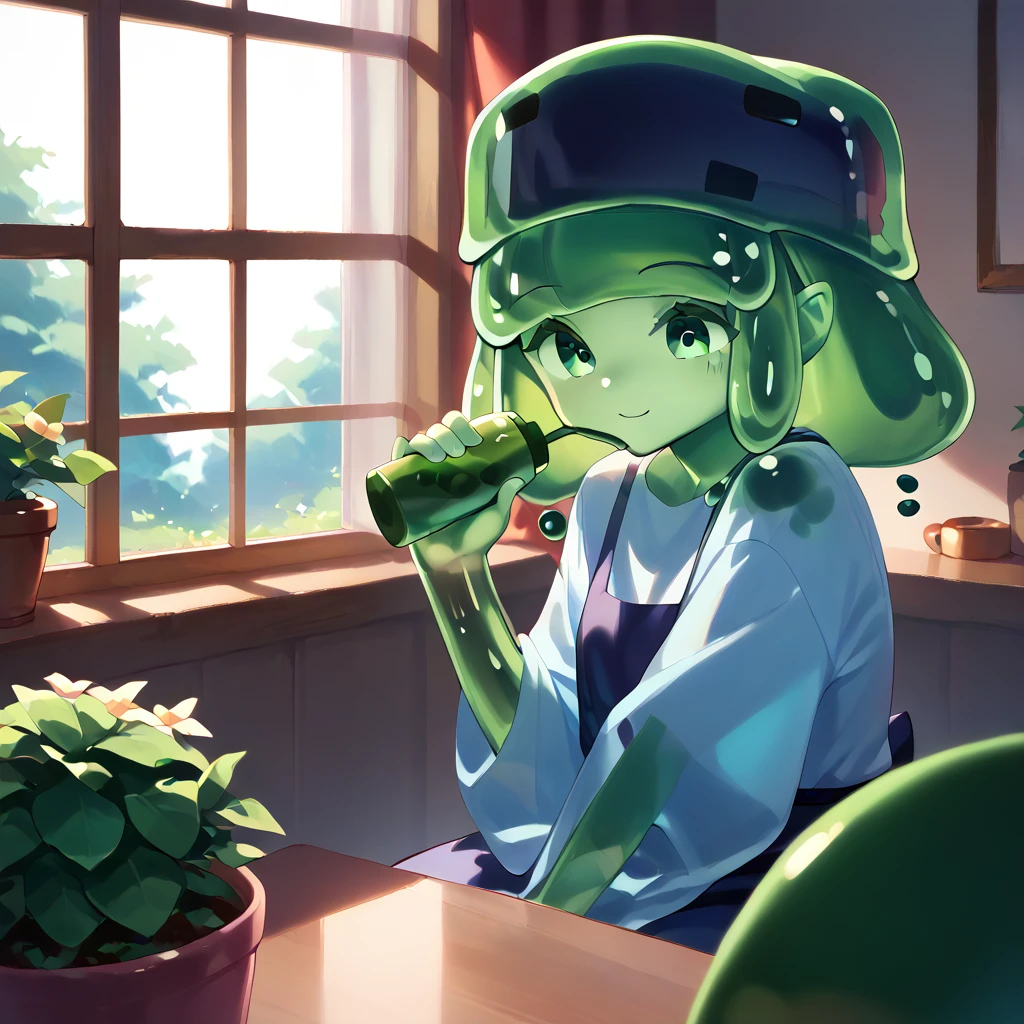 , Cute slime girl watering the garden, window, window
