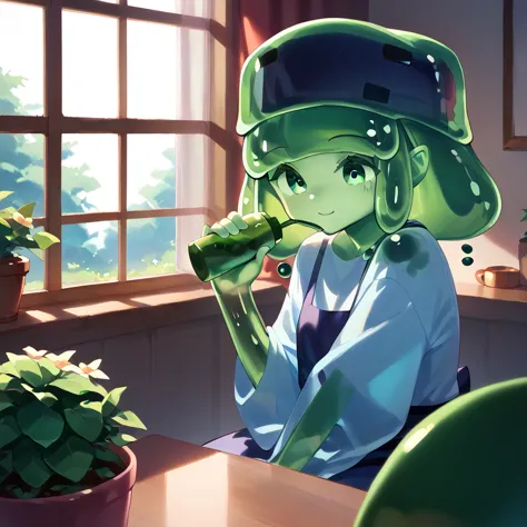 , cute slime girl watering the garden, window, window