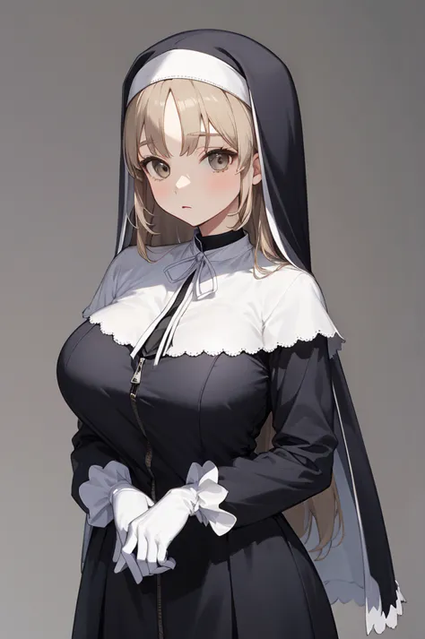 aasister, long hair, nun, habit, white capelet, neck ribbon, (body fit black dress:1.2), long sleeves, white gloves, full-length...