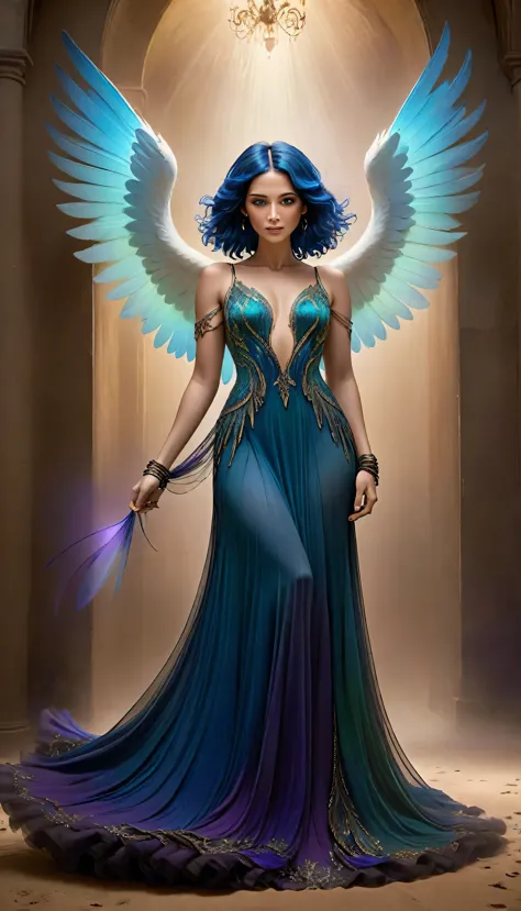 In this exquisite and enigmatic digital painting, a majestic angel stands with poise and confidence, her vibrant wings spread wi...