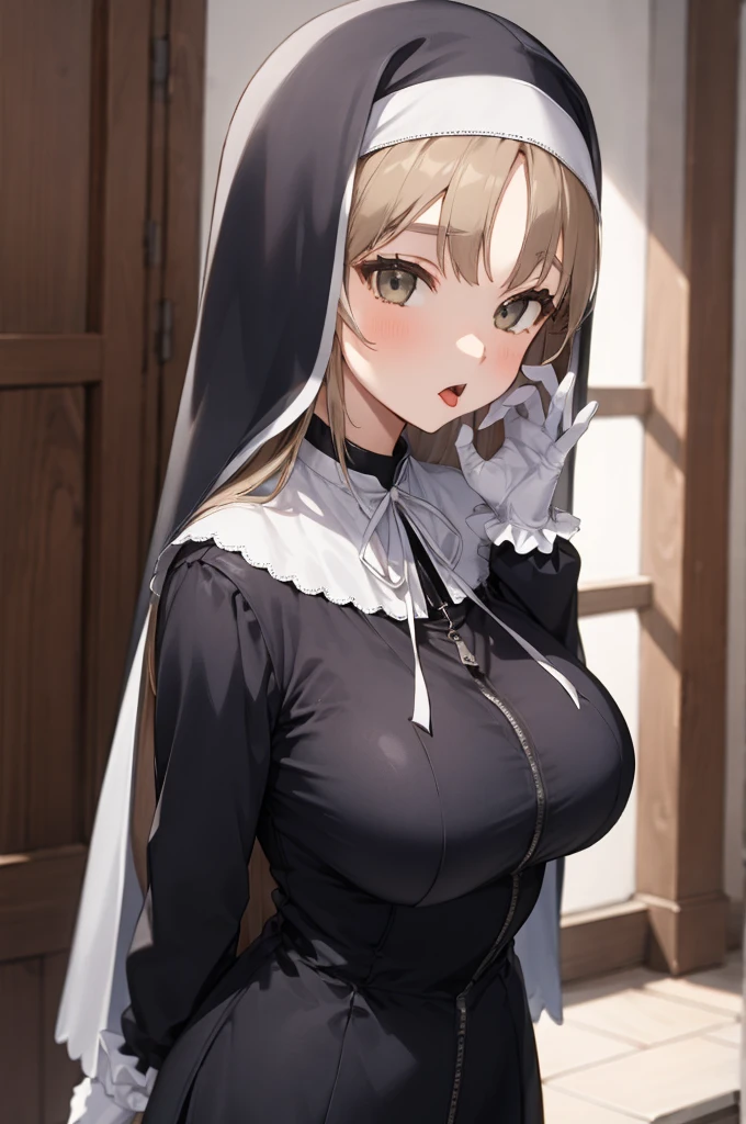 aasister, long hair, nun, habit, white capelet, neck ribbon, (black dress:1.2), long sleeves, white gloves, full-length zipper,huge breasts,expressionless