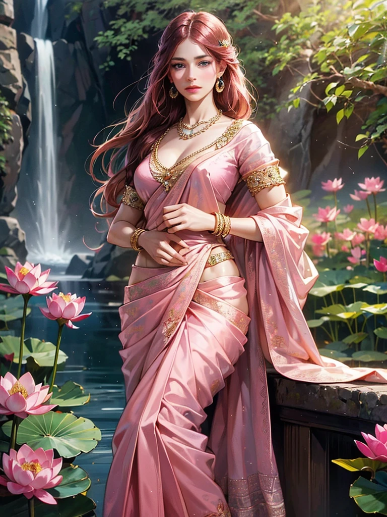 (absurdos, Resolução alta, ultra detalhado, HDR), obra de arte, melhor qualidade, Retrato de um uzumaki indiano_kushina, extremamente realista muito bonito, estilo animado, foto aproximada, anime in a(((Rosa))) vestido indiano (((saree))), cabelo longo preto ondulado desamarrado, jóias de cabeça, colar, eaargolas, braceletes, pulseiras e braceletes, argolas, expressão agradável, olhos azuis grandes e brilhantes, segurando uma flor de lótus, beleza natural, cores vibrantes, sonhadores, luz do norte, Rosa bubble, romântico, iluminação suave, estética vintage,seios grandes, de pé 