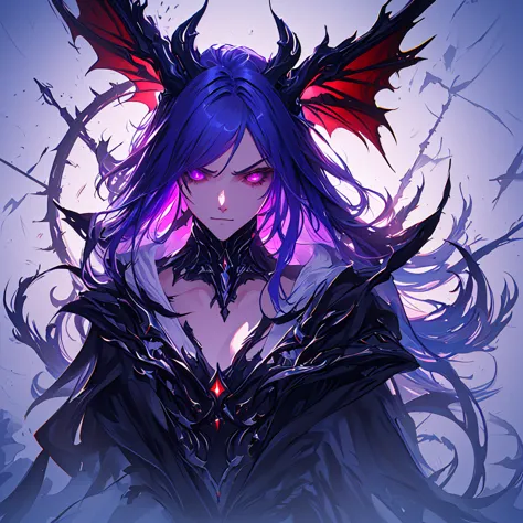 1girl, solo, person, anime character with a purple and black wings and a purple and black dragon, purple ancient antler deity, w...