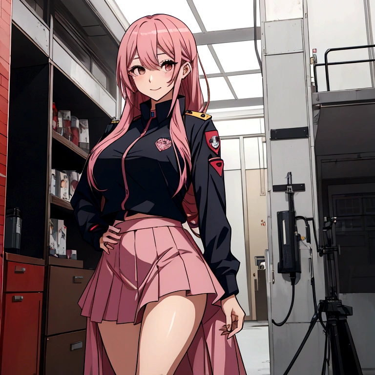 Yunna itadori,female version of yuji itadori, have same uniform as nobara have but she has red hood in her uniform,she have long pink hair,brown eyes , huge  ,vissible belly and leg ,short skirt,tall,8K,looking at viewer