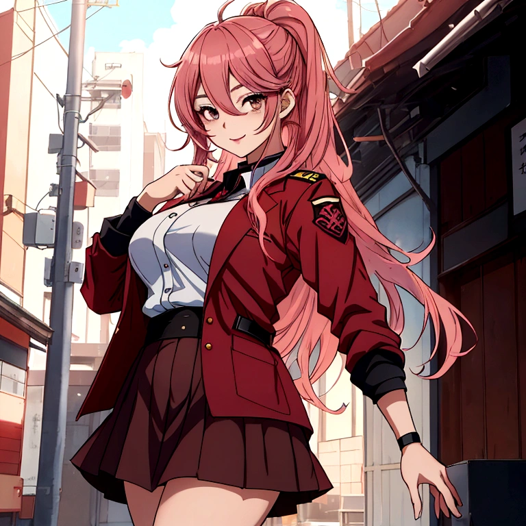 Yunna itadori,female version of yuji itadori, have same uniform as nobara have but she has red hood in her uniform,she have long pink hair,brown eyes , huge  ,vissible belly and leg ,short skirt,tall,8K,looking at viewer