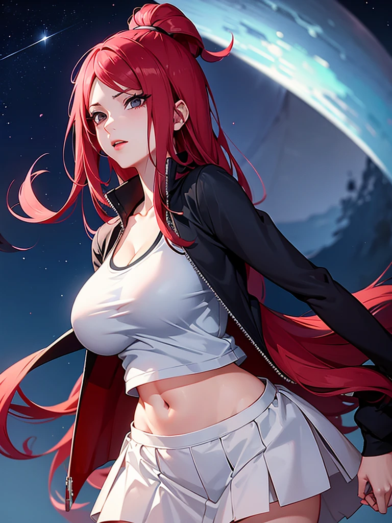 Uzumaki_kushina, big breast, wearing a jacket and white t-shirt and skirt, standing, night sky,navel, cleavage 