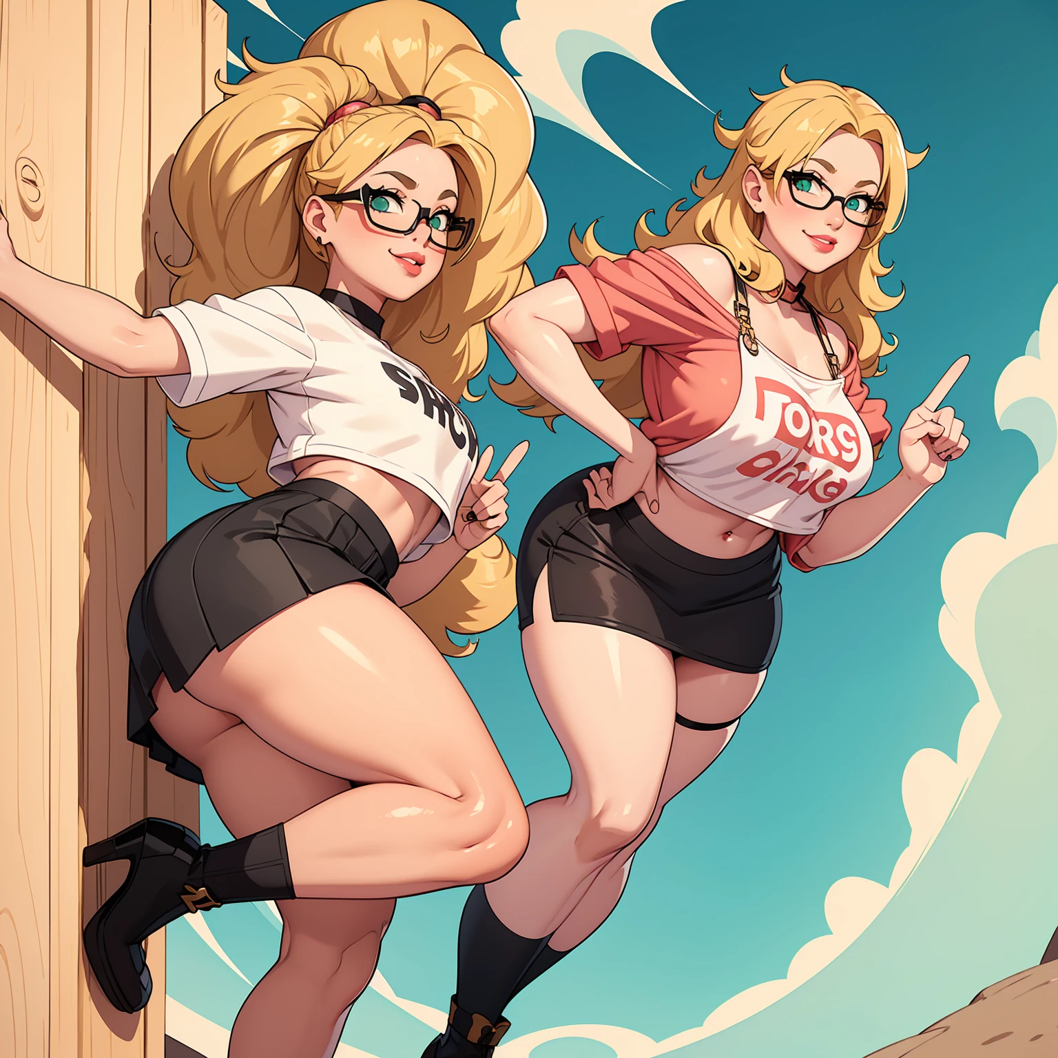 Sandy blonde hair, glasses, bright green eyes, stockings, crop top, big , thick thighs, hours glasses, wavey hair, black knee high socks, skirt, black skirt, red dragon crop top, big , peace sign, ((peach lips)), smile, cute hair style , white skin