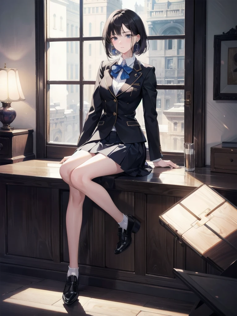 absurdres, RAW photo, extremely delicate and beautiful, masterpiece, Best Quality, ultra high resolution, 32k, hyperrealistic, ultra-detailed, in her 20s, delicate facial features, tearful mole, earring, medium breasts, full body shot, shorter middle hair, black hair, school_uniform, blazer,