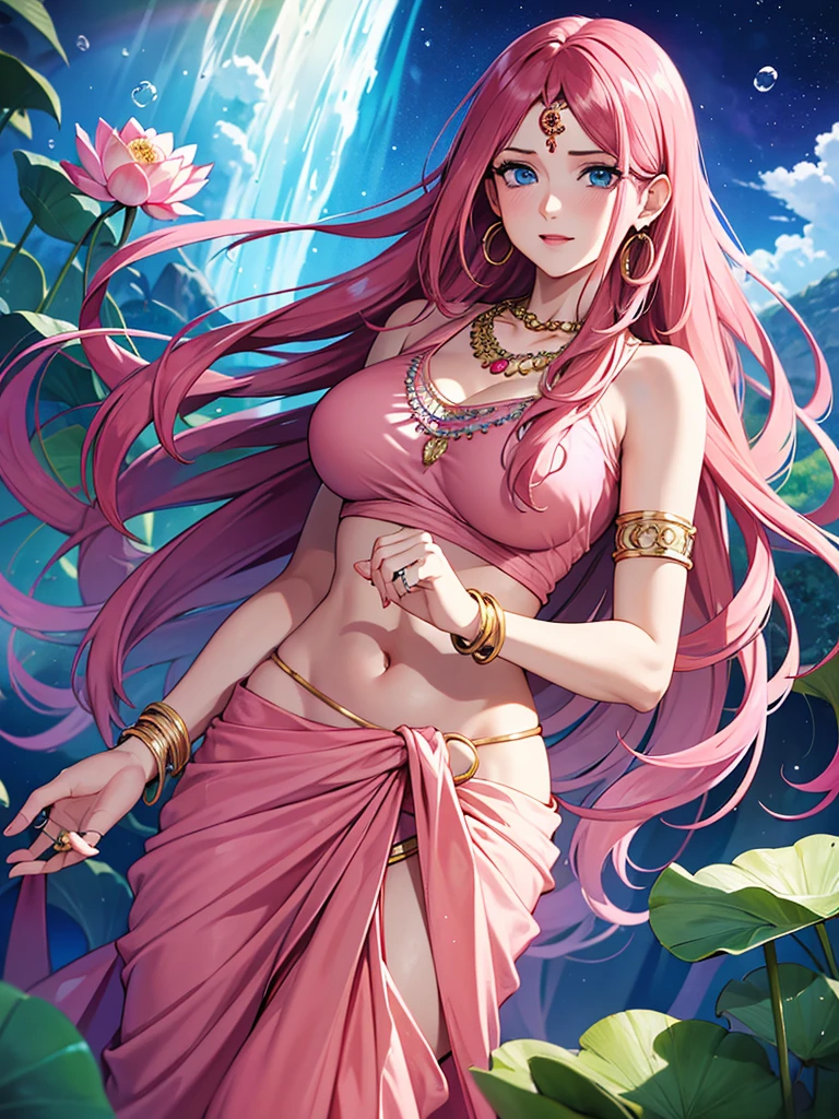 (absurdos, Resolução alta, ultra detalhado, HDR), obra de arte, melhor qualidade, Retrato de um uzumaki indiano_kushina, extremamente realista muito bonito, estilo animado, foto aproximada, anime in a(((Rosa))) vestido indiano (((saree))), cabelo longo preto ondulado desamarrado, jóias de cabeça, colar, eaargolas, braceletes, pulseiras e braceletes, argolas, expressão agradável, olhos azuis grandes e brilhantes, segurando uma flor de lótus, beleza natural, cores vibrantes, sonhadores, luz do norte, Rosa bubble, romântico, iluminação suave, estética vintage,peito grande, de pé 