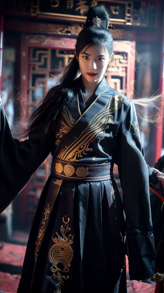 Wearing embroidered Chinese clothing,Dynamic Angle,view,Practical,Luminescence,
Xueer Embroidered Guard Uniform,1 Girl,Solitary focus,Holding a sword,have,Black Hair,Gloves,red Lips,Tassel background,Vague,Lips,Upper Body,Shut up,Long sleeve,
male focus,Solitary,Handsome_male,
