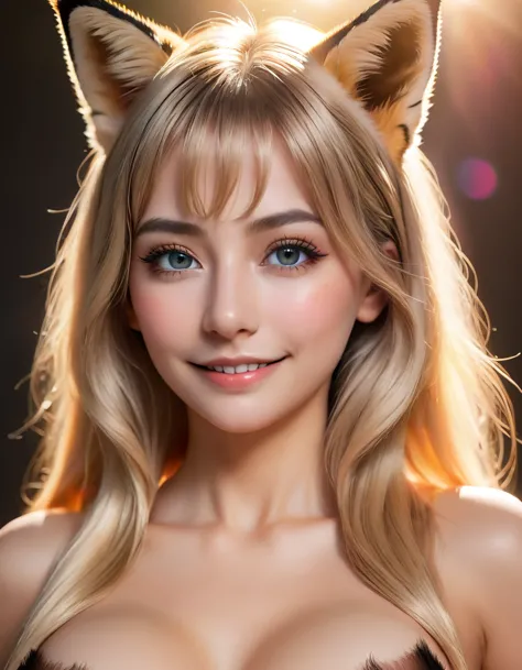 blonde hair, long hair, mole under eye, gradient eyes, fox ears, ear blush, seductive smile, Surrealism, projected inset, first-...