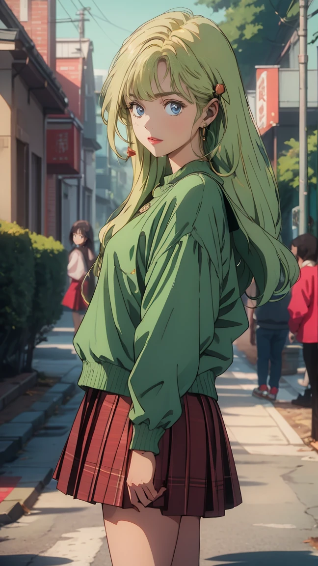 {{kofune ushio}}, {サマータイムレンダリング}, Volume hair, soft hair, emerald green hair and pink inner color, wavy hair, gradation hair, green hair, side braids, wavy hair, two side up, cloud hair, emerald green eyes, high school girl, Cheerful and active, blonde clip, loose socks, plaid skirt, holding smartphone, on the street, (best) quality, 4K, 8K, high resolution, masterpiece: 1.2), ultra-definition, bright colors, soft lighting
