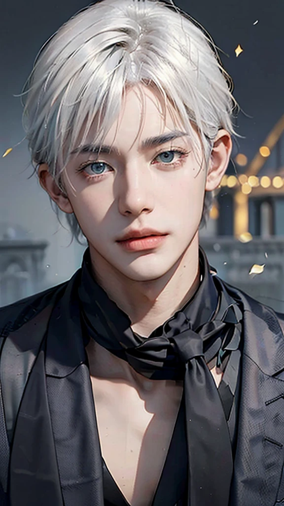 1 male Korean idol, 8k portrait of 25-year-old handsome Italian man with white hair appearance, Italian skin color, thin sword, complicated, graceful, realistic depth of field photography, perfect natural lighting (masterpiece, side light, cool yellow eyes with details fine: 1.2), long hair, lots of realistic hair, realistic black office suit, realistic human face, realistic battlefield background, realistic lighting, realistic shadows