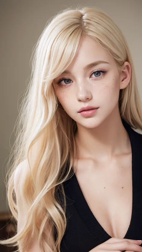 light blonde hair, wavy blonde hair, wavy blonde hair, with small fringe, black eye, upturned and beautiful nose, thick lips, cu...