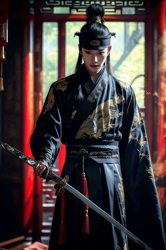 Xueer Embroidered Guard Uniform,Solitary focus,Wearing embroidered Chinese clothing,Dynamic Angle,view,Practical,发Light,
1 boy,male focus,Solitary,this_the best_Light,Handsome_male,For the audience,Holding a sword,Black gloves,Scapula, East Asian Architecture,
water,
