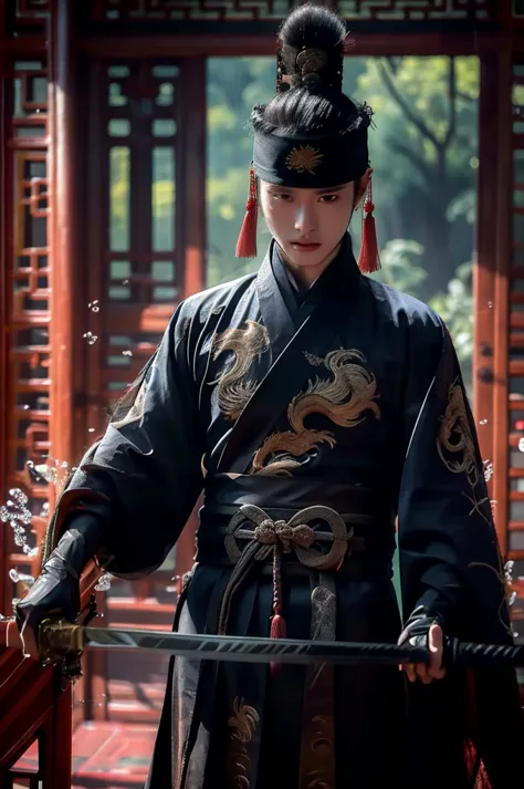 xueer embroidered guard uniform,solitary focus,wearing embroidered chinese clothing,dynamic angle,view,practical,发light,
1 boy,m...