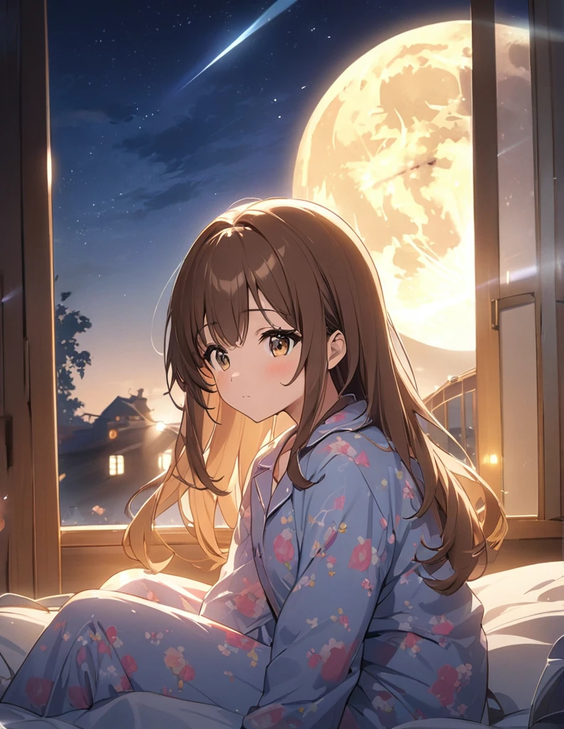 (masterpiece:1.2),(anime),Big moon in the background、Night Sky、Girl watching the moon、cute、The girl is illuminated by the moonlight、Great work、Light effects,long,Brown Hair,pajamas