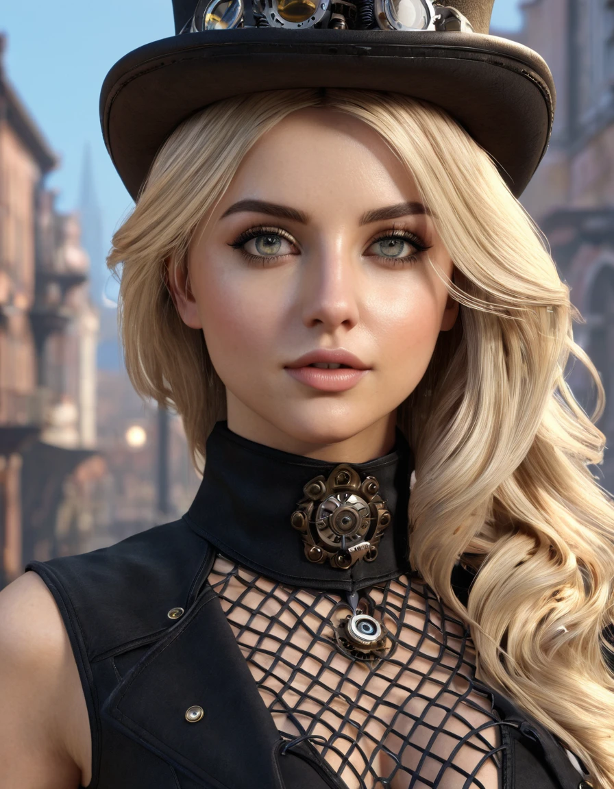 Masterpiece best quality, Ultra high resolution, 4K detailed CG (Adriana Malkova 1.0) bright eyes, blond hair, Steampunk, with black splitoff mesh dress and boots, Nude